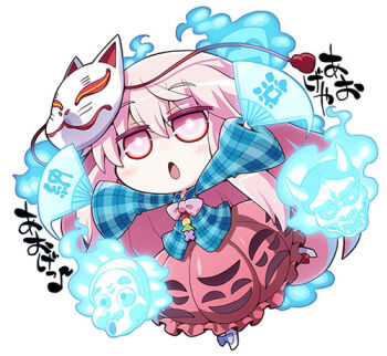 1girl akaneya bad_id bad_pixiv_id bow bubble_skirt chibi female_focus folding_fan fox_mask hand_fan hata_no_kokoro long_hair long_sleeves lowres mask open_mouth pink_eyes pink_hair plaid_clothes plaid_shirt shirt skirt solo touhou triangle very_long_hair