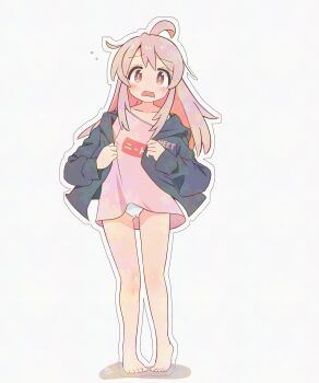 1girl adversarial_noise ahoge bare_legs barefoot black_jacket blush brown_eyes clothes_writing collarbone commentary d: dot_nose full_body grey_background highres hood hooded_jacket jacket long_hair long_sleeves looking_at_viewer no_pants official_alternate_costume onii-chan_wa_oshimai! open_clothes open_jacket open_mouth outline oyama_mahiro panties pink_hair pink_shirt pon_sugar shirt simple_background solo standing underwear white_outline white_panties