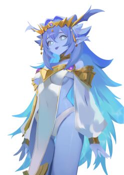 Rule 34 | 1girl, absurdres, bare shoulders, blue eyes, blue hair, blue skin, blue sky, breasts, card game, colored skin, detached sleeves, dominus impulse, duel monster, gradient hair, highres, long hair, long sleeves, medium breasts, multicolored hair, nbee ya, panties, pointy ears, puffy long sleeves, puffy sleeves, sideboob, sky, solo, tongue, tongue out, underwear, white panties, yu-gi-oh!