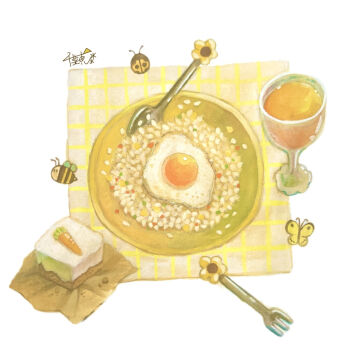 bee bug butterfly cake carrot_cake chinae03yellow commentary_request drink food food_focus fork fried_egg gouache_(medium) highres insect ladybug napkin no_humans original painting_(medium) pilaf_(food) plate rice spoon spring_(season) traditional_media yellow_butterfly