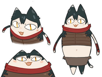 Rule 34 | <|> <|>, 1girl, :3, anger vein, animal ears, azumanga daiou, black hair, brown skirt, cat ears, cat girl, cat tail, commentary request, dungeon meshi, full body, izutsumi, kokuya (kokuya28), looking at viewer, mihama chiyo's father, multiple views, open mouth, red scarf, scarf, simple background, skirt, smile, tail, white background, x navel, yellow eyes