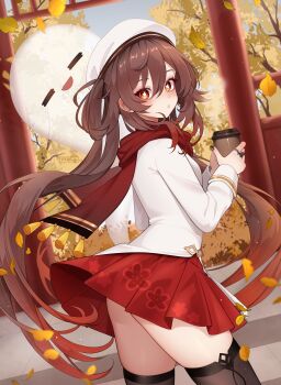 1girl :o black_nails black_thighhighs blush boo_tao_(genshin_impact) brown_hair commentary cup day disposable_cup falling_leaves fingernails flower-shaped_pupils from_side genshin_impact gradient_hair hair_between_eyes hands_up hat highres holding holding_cup hu_tao_(cherries_snow-laden)_(genshin_impact) hu_tao_(genshin_impact) leaf long_hair looking_at_viewer multicolored_hair nail_polish official_alternate_costume outdoors pr_ponnyan red_eyes red_hair red_scarf red_skirt scarf shirt skirt solo symbol-shaped_pupils thighhighs twintails very_long_hair white_hat white_shirt