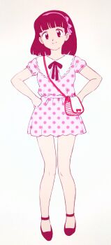 Rule 34 | 1girl, bag, belt, bow hairband, closed mouth, commentary request, dress, full body, hairband, hands on own hips, highres, looking at viewer, medium hair, miyake shinobu, mizutani kenta, monochrome, neck ribbon, pink theme, polka dot, polka dot dress, puritan collar, ribbon, shoes, short dress, short sleeves, shoulder bag, smile, solo, standing, urusei yatsura
