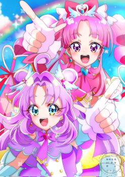 Rule 34 | 2girls, akechi anna, arm up, blue eyes, blue sky, blunt bangs, bow, braid, brooch, capelet, cloud, commentary request, cowboy shot, cure answer, cure mystique, double bun, dress, earrings, fingerless gloves, glove bow, gloves, hair bow, hair bun, hair intakes, hair ornament, heart, heart brooch, heart hair ornament, heart in eye, highres, jewelry, kobayashi mikuru, layered dress, long hair, looking at viewer, magical girl, meitantei precure!, momotarouooi, multiple girls, parted bangs, pink bow, pink capelet, pink dress, precure, puckered lips, purple bow, purple capelet, purple dress, purple eyes, purple hair, rainbow, red bow, sidelocks, sky, symbol in eye, twin braids, white gloves