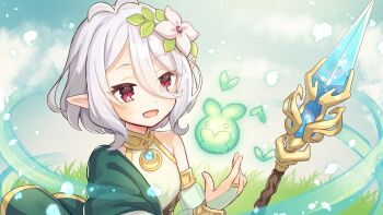 Rule 34 | 1girl, :d, commentary, double-parted bangs, elf, grey hair, hair between eyes, hand up, holding, holding polearm, holding weapon, jacket, kokkoro (princess connect!), off shoulder, open clothes, open jacket, open mouth, pointy ears, polearm, princess connect!, red eyes, red jacket, shirt, short hair, shuu (syuuuuuuuuuu), single bare shoulder, sleeveless, sleeveless shirt, smile, solo, spear, upper body, weapon, white shirt