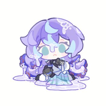 Rule 34 | 1boy, :<, artist name, black gloves, black shirt, chibi, dripping, full body, gloves, green eyes, highres, hoshirube sho, hoshirube sho (1st costume), iridescent clothes, jacket, long hair, male focus, nijisanji, purple hair, shirt, shuxingbuming moxiaobai, simple background, sitting, solo, tentacle hair, virtual youtuber, wariza, wet, white background, white jacket