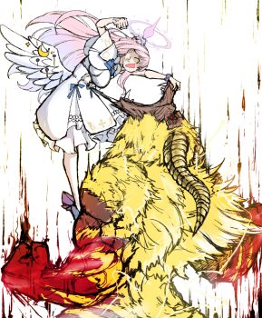 1girl absurdres angel_wings anger_vein battle blue_archive breasts closed_eyes dress electricity enraged_rajang fangs feathered_wings fighting flower glowing hair_bun hair_flower hair_ornament halo highres holding horns long_hair mika_(blue_archive) monkey monster monster_hunter_(series) muscular nubebenbe open_mouth pink_hair pink_halo punching rajang red_eyes scrunchie sharp_teeth single_side_bun smile tail teeth white_dress white_wings wings yellow_fur