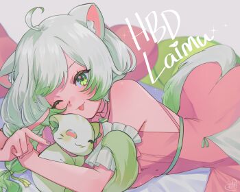 1girl absurdres ahoge animal_ears blush braid character_name closed_mouth ferret_ears ferret_girl ferret_tail green_hair happy_birthday highres indie_virtual_youtuber kokomi_(aniesuakkaman) laimu_(vtuber) long_hair looking_at_viewer multicolored_hair one_eye_closed pink_nails single_braid smile solo tongue tongue_out two-tone_hair vinesauce virtual_youtuber white_hair