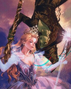 2girls artist_name black_dress black_hair blonde_hair blue_dress broom brown_eyes colored_skin commentary crown dress earrings elphaba_thropp english_commentary good_witch_of_the_north green_skin half_updo highres holding holding_broom holding_staff instagram_logo jewelry jyauii long_sleeves multiple_girls rotational_symmetry staff twitter_x_logo wicked wicked_witch_of_the_west