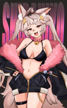 1girl absurdres animal_ear_fluff animal_ears bandaid bandaid_on_face bandaid_on_nose bell bikini black_bikini black_jacket black_nails breasts cleavage collar cross_hair_ornament fox_ears fox_girl fox_tail fur-trimmed_jacket fur_trim gothysfx hair_ornament highres indie_virtual_youtuber jacket looking_at_viewer medium_breasts mesugaki navel neck_bell open_mouth pink_collar pink_fur red_eyes shirahiko_(vtuber) short_eyebrows solo swimsuit tail thigh_strap thighs twintails virtual_youtuber