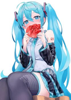 Rule 34 | 1girl, aqua eyes, aqua hair, aqua nails, aqua necktie, aqua trim, arm tattoo, black skirt, blush, box, commentary request, detached sleeves, fingernails, grey shirt, hair between eyes, hair ornament, hashtag-only commentary, hatsune miku, heart-shaped box, highres, holding, long hair, long sleeves, miniskirt, nail polish, necktie, number tattoo, pleated skirt, shirt, simple background, skirt, sleeveless, sleeveless shirt, solo, takepon1123, tattoo, thick thighs, thighs, twintails, valentine, very long hair, vocaloid, white background, wide sleeves