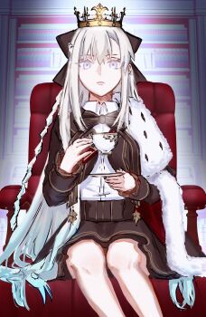 1girl black_bow blue_eyes bow braid commentary_request crown cup fate/grand_order fate_(series) hair_between_eyes hair_bow half_up_braid highres long_hair looking_at_viewer mikotoba-kaede morgan_le_fay_(fate) morgan_le_fay_(student_council_president)_(fate) sitting solo teacup very_long_hair white_hair