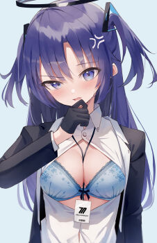 200f_(nifu) absurdres anger_vein between_breasts blue_archive blue_background blue_bra blue_hair blush bra breasts brush gloves hair_ornament halo highres id_card long_hair medium_breasts open_clothes open_shirt school_uniform shirt simple_background solo twintails underwear white_shirt yuuka_(blue_archive)