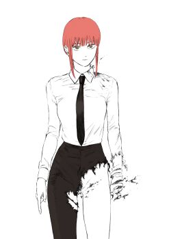 1girl absurdres black_necktie breasts chainsaw_man cowboy_shot disintegration dissolving_clothes female_pubic_hair highres makima_(chainsaw_man) medium_breasts necktie pants pubic_hair red_hair ringed_eyes senaka_look solo torn_clothes torn_pants torn_sleeves unraveling yellow_eyes