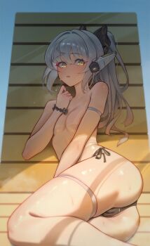 +_+ 1girl arm_strap ass bikini bikini_bottom_only bikini_tan black_bikini blush breasts cameltoe chair day feet_out_of_frame folding_chair grey_hair headset highres hungr_(nyanom) long_hair looking_at_viewer lounge_chair lying nanami_(pgr) on_side open_mouth ponytail punishing:_gray_raven scrunchie side-tie_bikini_bottom skindentation small_breasts solo sunlight swimsuit tan tanline thigh_strap topless_female wrist_scrunchie yellow_eyes