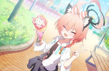 1girl ahoge animal_ear_fluff animal_ears banana banana_slice bench berry black_halo black_nails blue_archive blush bow braid cardigan cardigan_around_waist carousel cat_ears closed_eyes clothes_around_waist collarbone collared_shirt crepe dutch_angle earrings fake_animal_ears fang flat_chest floral_print_shirt food fruit game_cg hair_between_eyes hair_bow halo highres holding holding_crepe holding_food huge_ahoge ice_cream_crepe jewelry mole mole_under_each_eye mole_under_eye multiple_moles nail_polish neck_ribbon nemoga neru_(blue_archive) neru_(school_uniform)_(blue_archive) official_art open_clothes open_mouth orange_hair outdoors park_bench red_bow ribbon shirt short_hair single_braid smile solo sprinkles strawberry striped_bow stud_earrings undershirt undone_neck_ribbon v white_bow white_shirt wooden_bench