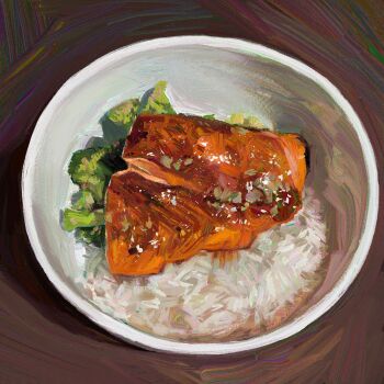 Rule 34 | bowl, broccoli, commentary, fish (food), food focus, fried fish, from above, highres, no humans, original, painterly, rice, twulfs