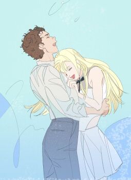 Rule 34 | 1boy, 1girl, aqua background, bare shoulders, blonde hair, brown hair, closed eyes, collared shirt, commentary, cowboy shot, dress, gigi andalusia, grey pants, gundam, gundam hathaway's flash, hathaway noa, hetero, highres, long hair, neck ribbon, ohno3 3, open mouth, pants, ribbon, shirt, short hair, sketch, sleeveless, sleeveless dress, sleeves rolled up, smile, straight hair, white dress, white shirt