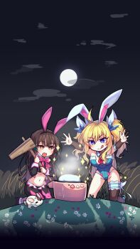 2girls ahoge alternate_costume animal_ears artist_request between_breasts blonde_hair blue_eyes blue_leotard blush breasts brown_eyes brown_hair chibi cleavage clothing_cutout detached_collar elbow_gloves fake_animal_ears food gloves grass hair_ornament heart_cutout highleg highleg_leotard highres kise_hotaru large_breasts leotard lilith-soft long_hair medium_breasts mochi mochitsuki moon multiple_girls navel navel_cutout necktie necktie_between_breasts night official_alternate_costume official_art official_wallpaper onizaki_kirara open_mouth parted_lips partially_fingerless_gloves phone_wallpaper playboy_bunny rabbit rabbit_ears sitting sky smile strapless strapless_leotard taimanin_(series) taimanin_rpgx thighhighs thong_leotard twintails two_side_up upper_body very_long_hair wallpaper wide_hips wrist_cuffs