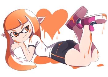 1girl absurdres abysswatchers ass bike_shorts black_bike_shorts fang flat_chest heart highres inkling inkling_girl inkling_player_character legs_up loli long_hair looking_at_viewer lying nintendo orange_eyes orange_hair paint paint_on_body paint_splatter pink_shoes pointy_ears raised_eyebrow shirt shoes short_sleeves smile sneakers splatoon_(series) splatoon_1 squid_girl tentacle_hair white_background white_shirt