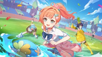 5girls absurdres aqua_hair blue_eyes blue_skirt bow bowtie bunting choker clothes_around_waist collared_shirt commentary_request confetti frozen genshin_impact hair_ornament hairclip highres jacket jacket_around_waist kuangkuangti looking_at_viewer manekina_(chromatic_artisan)_(genshin_impact) manekina_(genshin_impact) manekina_(golden_fruit)_(genshin_impact) manekina_(painted_skies)_(genshin_impact) multiple_girls multiple_persona open_mouth orange_hair pineapple_costume pink_choker pink_jacket ponytail shirt short_sleeves skirt smile soccer soccer_field teddy_bear_hair_ornament thumbs_up white_shirt