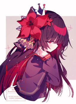 Rule 34 | 1girl, black capelet, black hair, black shirt, capelet, closed mouth, commentary request, crown, flower, from side, hair flower, hair ornament, hand up, highres, kasuga haruhi, long hair, long sleeves, looking at viewer, mahou shoujo no majo saiban, nikaido hiro, profile, red eyes, red flower, shirt, solo, upper body