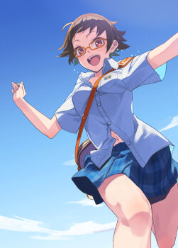 1girl aqua_skirt bare_legs between_breasts blush breasts brown_hair commentary_request fingernails flipped_hair glasses highres idolmaster idolmaster_cinderella_girls kawaty kitagawa_mahiro looking_at_viewer medium_breasts navel open_collar orange-framed_eyewear outdoors partially_unbuttoned running school_uniform shirt short_hair short_sleeves skirt smile solo strap_between_breasts summer_uniform white_shirt
