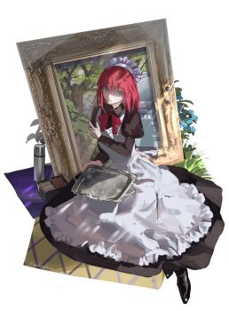 Rule 34 | 1girl, apron, blue eyes, bob cut, bow, flower, highres, hisui (tsukihime), maid, maid apron, maid headdress, red bow, red hair, simple background, thermos, tsukihime, tsukihime (remake), ubwmitekure