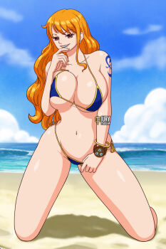 1girl arm_tattoo artist_logo artist_name beach bikini bracelet breasts brown_eyes cleavage ear_piercing earrings female_focus huge_breasts iury_padilha jewelry kneeling logo long_hair looking_at_viewer nami_(one_piece) navel one_piece orange_hair partially_undressed piercing side-tie_bikini_bottom smile solo solo_focus stomach swimsuit tattoo underboob water