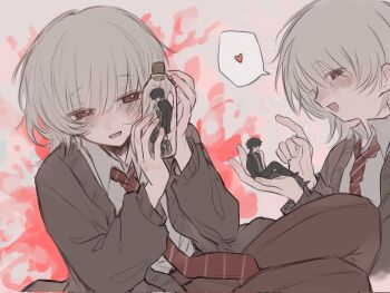 2boys akinashi_haru black_hair black_suit blush bottle brown_cardigan brown_pants cardigan collared_shirt commentary_request dress_shirt formal_clothes giant guzi15613491 heart highres holding holding_bottle in_bottle in_container male_focus mini_person miniboy multiple_boys multiple_views necktie pants red_necktie saihate_eki shirt sitting_on_hand smile spoken_heart suit tatsunami_shion white_shirt