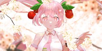 1girl bare_shoulders blush breasts cherry_hair_ornament collared_shirt commentary_request dated food-themed_hair_ornament hair_between_eyes hair_ornament hatsune_miku headset highres long_hair looking_at_viewer medium_breasts necktie nonco_no number_tattoo open_mouth pink_eyes pink_hair pink_necktie sakura_miku shirt sleeveless sleeveless_shirt solo tattoo twintails upper_body very_long_hair vocaloid white_trim wide_sleeves