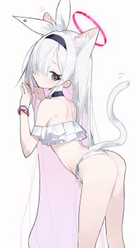 1girl absurdly_long_hair animal_ear_fluff animal_ears arched_back ass bare_legs bare_shoulders bikini black_choker black_eyes black_hairband blue_archive cat_ears cat_tail choker closed_mouth colored_inner_hair commentary extra_ears feet_out_of_frame fingernails frilled_bikini frills hair_between_eyes hair_over_one_eye hair_ribbon hairband halo hands_up highres kemonomimi_mode layered_bikini leaning_forward loli long_hair looking_at_viewer looking_to_the_side measho multicolored_hair one_eye_covered plana_(blue_archive) red_halo red_pupils ribbon simple_background solo standing swimsuit symbol-only_commentary tail thighs tilted_head very_long_hair white_background white_bikini white_hair