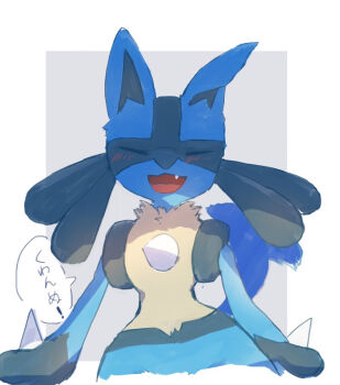 1other animal_ears arms_at_sides bad_id bad_pixiv_id black_fur blue_fur blush body_fur border butter_(oshi8kyoumoh) closed_eyes cropped_torso facing_viewer fang furry gen_4_pokemon grey_background happy japanese_text light_blush lucario multicolored_fur nintendo open_mouth other_focus outside_border pokemon pokemon_(creature) simple_background smile solo speech_bubble spikes standing tail talking translation_request upper_body white_border wolf_ears wolf_tail yellow_fur