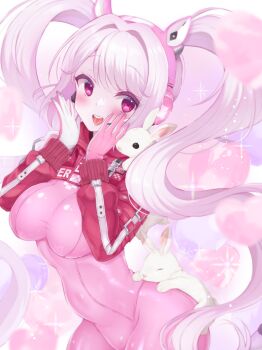 17ho_10ban 1girl absurdres alice_(nikke) animal animal_ear_headphones animal_ears balloon blush bodysuit breasts commentary_request covered_navel fake_animal_ears gloves goddess_of_victory:_nikke headphones headset heart_balloon highres impossible_bodysuit impossible_clothes jacket latex latex_bodysuit long_hair looking_at_viewer medium_breasts multicolored_gloves open_mouth pink_bodysuit pink_eyes pink_gloves pink_hair rabbit shrug_(clothing) skin_tight smile solo twintails two-tone_gloves