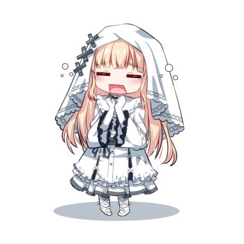 Rule 34 | 1girl, = =, blonde hair, blush, chibi, clenched hands, commentary, dress, elbow gloves, getsuyoshi, gloves, hands up, highres, hikami meruru, long hair, mahou shoujo no majo saiban, open mouth, pigeon-toed, priestess, shadow, shoes, simple background, socks, solo, squeans, tearing up, white background, white dress, white gloves, white shoes, white socks, wide sleeves, x ornament, yawning