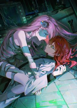 2girls absurdres arm_support bandages blue_eyes bocchi_the_rock! eye_contact face-to-face girl_on_top glasses gotoh_hitori green_eyes hair_ornament halloween halloween_costume highres indoors kita_ikuyo lab_coat laboratory long_hair looking_at_another lying multiple_girls object_through_head on_back pink_hair pong_(pong_o0) red_hair screw_in_head stitches straddling yuri