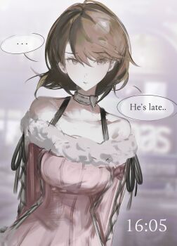 ... 1girl bare_shoulders black_ribbon blurry blurry_background bra_strap breasts brown_eyes brown_hair choker commentary_request dress english_text flipped_hair fur-trimmed_dress fur_trim heart heart_choker highres k1kiwa looking_to_the_side medium_breasts parted_lips persona persona_3 persona_3_reload pink_dress ribbon sleeve_ribbon solo speech_bubble spoken_ellipsis takeba_yukari timestamp upper_body white_choker