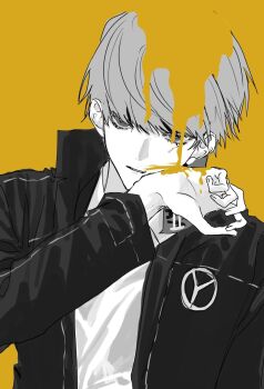1boy arm_at_side black_jacket blending grey_eyes grey_hair hand_up high_collar highres highugkomori2 jacket looking_at_viewer male_focus narukami_yu open_clothes open_jacket parted_lips partially_colored persona persona_4 school_uniform shirt short_hair simple_background solo upper_body white_shirt wiping_face yasogami_school_uniform yellow_background yellow_liquid