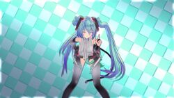 1girl ahoge animated aqua_background aqua_hair armpits bare_shoulders belt between_breasts black_gloves black_ribbon bouncing_breasts breasts bright_pupils checkered_background cleavage cleavage_cutout clothing_cutout dancing elbow_gloves facing_viewer feet_out_of_frame female_focus fingerless_gloves gloves gradient_clothes green_eyes grey_thighhighs grin hair_ribbon hands_on_own_hips happy hatsune_miku hatsune_miku_(append) heattech_leotard highres leotard long_hair looking_at_viewer mikumikudance_(medium) music navel navel_cutout necktie necktie_between_breasts pointing pointing_up ribbon silo9 small_breasts smile solo sound swaying thighhighs turtleneck twintails two-tone_background very_long_hair video vocaloid vocaloid_append white_background white_leotard