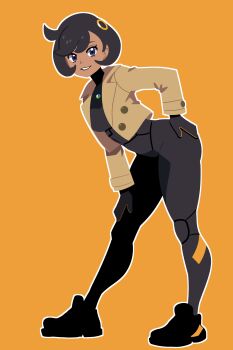 1girl absurdres ausshawott black_bodysuit black_hair bodysuit bodysuit_under_clothes breasts brown_jacket dark-skinned_female dark_skin emma_(pokemon) full_body gloves hair_ornament hand_on_own_hip highres jacket latex latex_bodysuit leaning_forward looking_at_viewer mega_stone nintendo open_clothes open_jacket open_mouth orange_background parted_lips pokemon pokemon_legends:_z-a purple_eyes saucy_aussy short_hair simple_background smile solo