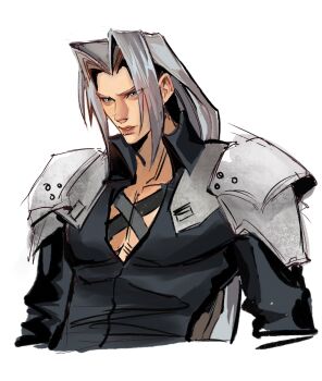 1boy armor black_coat chest_strap coat commentary_request cropped_torso final_fantasy final_fantasy_vii green_eyes grey_hair highres kittycatzovi long_hair male_focus parted_bangs parted_lips pauldrons pectorals sephiroth shoulder_armor slit_pupils solo upper_body white_background