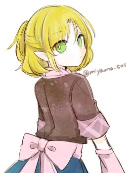 1girl back_bow blonde_hair bow brown_shirt closed_mouth commentary_request cowboy_shot expressionless from_behind green_eyes grey_bow half_updo highres looking_at_viewer looking_back mizuhashi_parsee pointy_ears ponytail shirt short_hair short_ponytail short_sleeves simple_background solo tama_(hiroshige_36) touhou twitter_username white_background