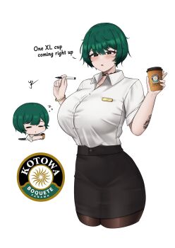 1girl arm_tattoo black_choker black_eyes black_skirt blush bracelet breasts choker choppy_bangs collared_shirt commentary cropped_legs cup disposable_coffee_cup disposable_cup doodle_inset english_text green_hair high-waist_skirt highres holding holding_cup holding_marker huge_breasts jewelry logo looking_at_viewer marker miniskirt open_mouth original pencil_skirt personification shirt shirt_tucked_in short_hair simple_background skirt solo_focus tattoo white_background white_shirt yukaraishin