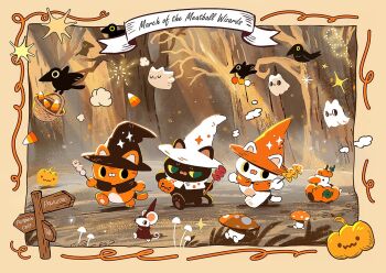 Rule 34 | animal focus, bare tree, bird, black bird, black cat, black hat, candy, cat, cloud, crow, food, forest, ghost, halloween, hat, holding, large hat, meibelease, mushroom, nature, orange cat, orange hat, original, pumpkin, tree, walking, white cat, white hat, witch hat