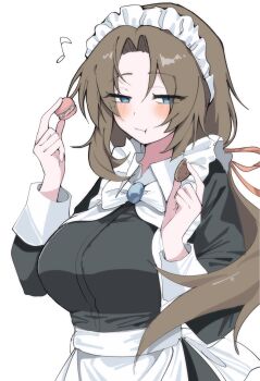 1girl anoon133 apron black_dress blue_eyes blush bow breasts brown_hair closed_mouth commentary_request cookie curtained_hair dress eating eyes_visible_through_hair food frilled_hairband frills hair_ribbon hairband half-closed_eyes hands_up highres holding holding_cookie holding_food holding_macaron large_breasts limbus_company long_hair looking_at_viewer macaron maid maid_headdress mole mole_under_eye musical_note orange_ribbon ponytail project_moon puffy_cheeks ribbon rodion_(project_moon) sidelocks simple_background sleeve_cuffs solo upper_body waist_apron white_apron white_background white_bow white_hairband wing_collar