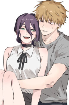 1boy 1girl black_choker black_ribbon brown_eyes brown_hair chainsaw_man choker collared_shirt denji_(chainsaw_man) dosukoi_1 green_eyes grey_shirt hair_between_eyes hetero hug hug_from_behind knees_up neck_ribbon open_mouth purple_hair reze_(chainsaw_man) ribbon shirt short_hair sleeveless sleeveless_shirt sweatdrop white_background white_shirt