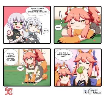 4girls :3 ;3 aged_down alternate_costume animal_ear_fluff animal_ears animal_hands apron arm_belt bandaged_arm bandages bare_shoulders bell blue_kimono blue_ribbon bow braid breasts capelet cat_paws cleavage collar detached_sleeves dress drinking english_text engrish_text enmaided facial_scar fate/apocrypha fate/extella fate/extra fate/extra_ccc fate/grand_order fate_(series) fox_ears fox_girl fox_tail frills fur-trimmed_capelet fur_trim gloves green_bow green_ribbon hair_ribbon headpiece highres indoors jack_the_ripper_(fate/apocrypha) japanese_clothes jeanne_d&#039;arc_(fate) jeanne_d&#039;arc_alter_santa_lily_(fate) jingle_bell keita_naruzawa kimono large_breasts laser laser_pointer laser_pointer_projection long_hair maid maid_apron maid_headdress multiple_girls neck_bell one_eye_closed open_mouth paw_gloves paw_shoes pink_hair ponytail ranguage red_ribbon ribbon scar scar_across_eye scar_on_cheek scar_on_face shoes shoulder_tattoo small_breasts speech_bubble striped_bow striped_ribbon tail tamamo_(fate) tamamo_cat_(fate) tamamo_cat_(second_ascension)_(fate) tamamo_no_mae_(fate) tattoo twin_braids waist_apron white_apron white_capelet yellow_eyes