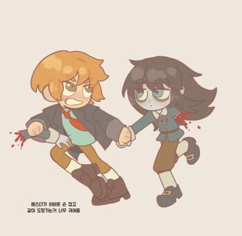 1boy 1girl abaddon_(haunted_hotel) abaddon_(human)_(haunted_hotel) bags_under_eyes black_coat bleeding blood blue_coat blue_eyes brown_background brown_eyes brown_hair coat deformed esther_freeling ghostie1124 haunted_hotel highres holding_hands korean_commentary korean_text long_hair looking_at_another orange_hair pale_skin running severed_arm severed_limb short_hair simple_background translation_request