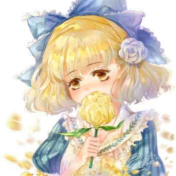 Rule 34 | 1girl, absurdres, blonde hair, blue bow, blue flower, blue rose, blue sleeves, blunt bangs, blunt ends, blush, bow, brown eyes, center frills, chinese commentary, colored eyelashes, commentary request, covered mouth, dated, dot nose, expressionless, flower, flower to mouth, frilled bow, frilled sailor collar, frills, hair bow, hair flower, hair ornament, head tilt, highres, large bow, light particles, looking at viewer, miracle nikki, muriel miaoke, nikki (series), painttool sai (medium), petals, puffy short sleeves, puffy sleeves, rose, sailor collar, shirt, short hair, short sleeves, signature, simple background, solo, stylist (nikki), tareme, upper body, vertical-striped sleeves, wavy hair, white background, white sailor collar, white shirt, yellow flower