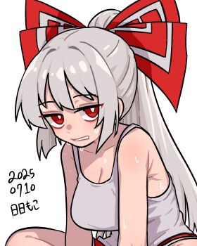 1girl absurdres alternate_costume armpit_crease bow breasts bright_pupils cleavage dated fujiwara_no_mokou grey_hair grey_tank_top hair_bow high_ponytail highres large_bow large_breasts long_hair neophyte parted_lips ponytail red_bow red_eyes red_shorts shorts simple_background sitting solo sweat tank_top touhou very_long_hair very_sweaty white_background white_bow white_pupils